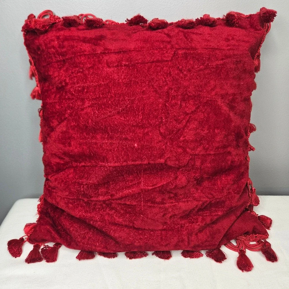 Red Velvet Throw Pillow with Tassel Fringe Trim Square 13x13 Decorative Accent